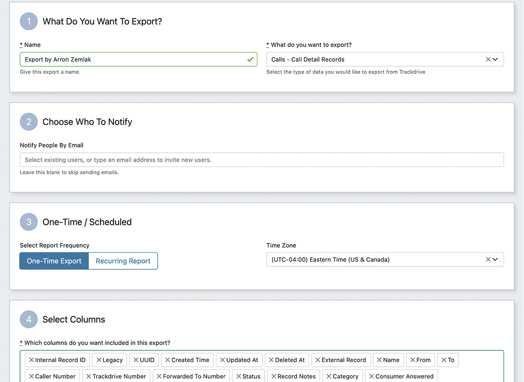 Export wizard for one-time or recurring call exports with column selection and email notification