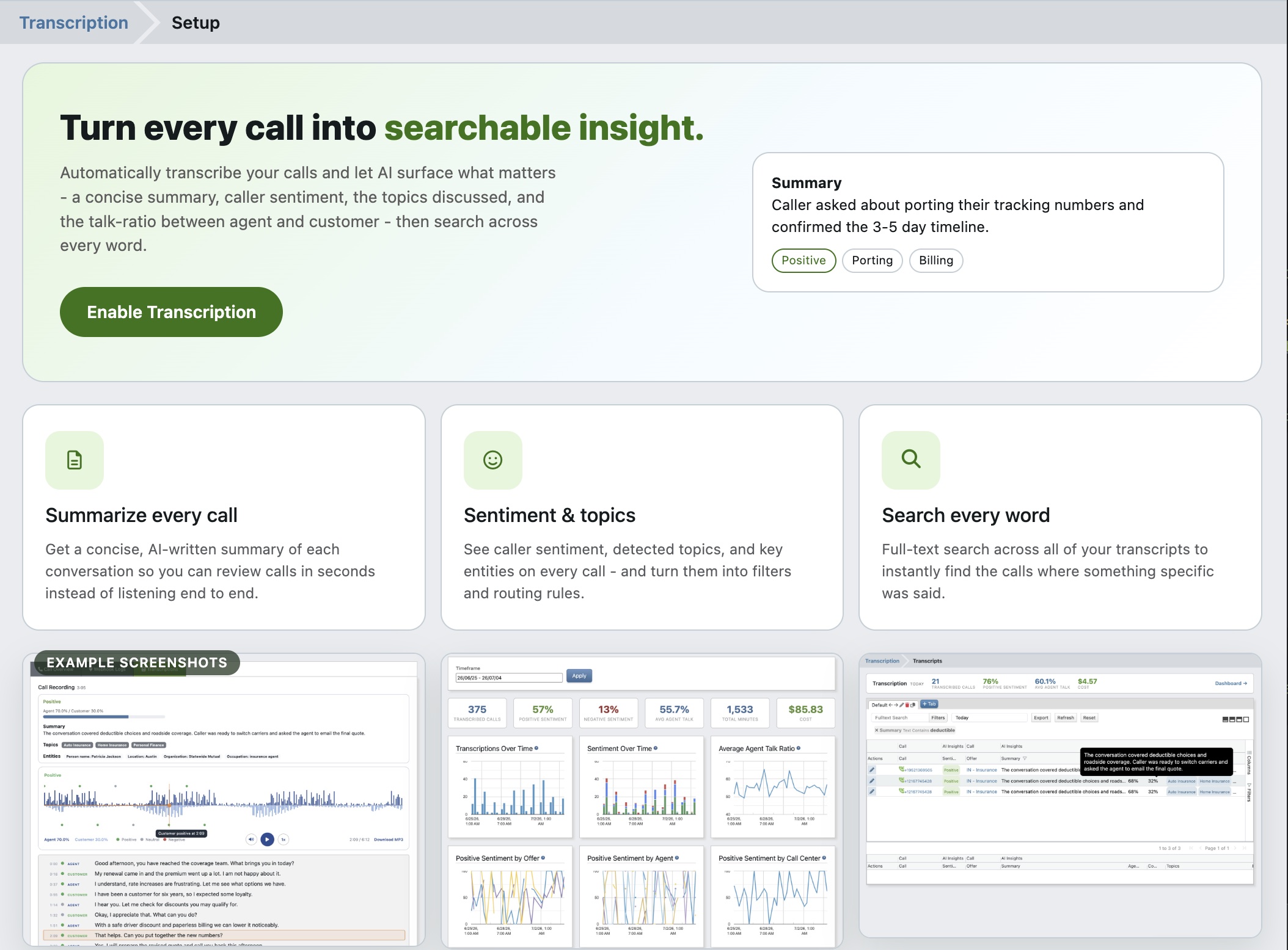 Transcription setup page with a one-click enable button and AI feature overview