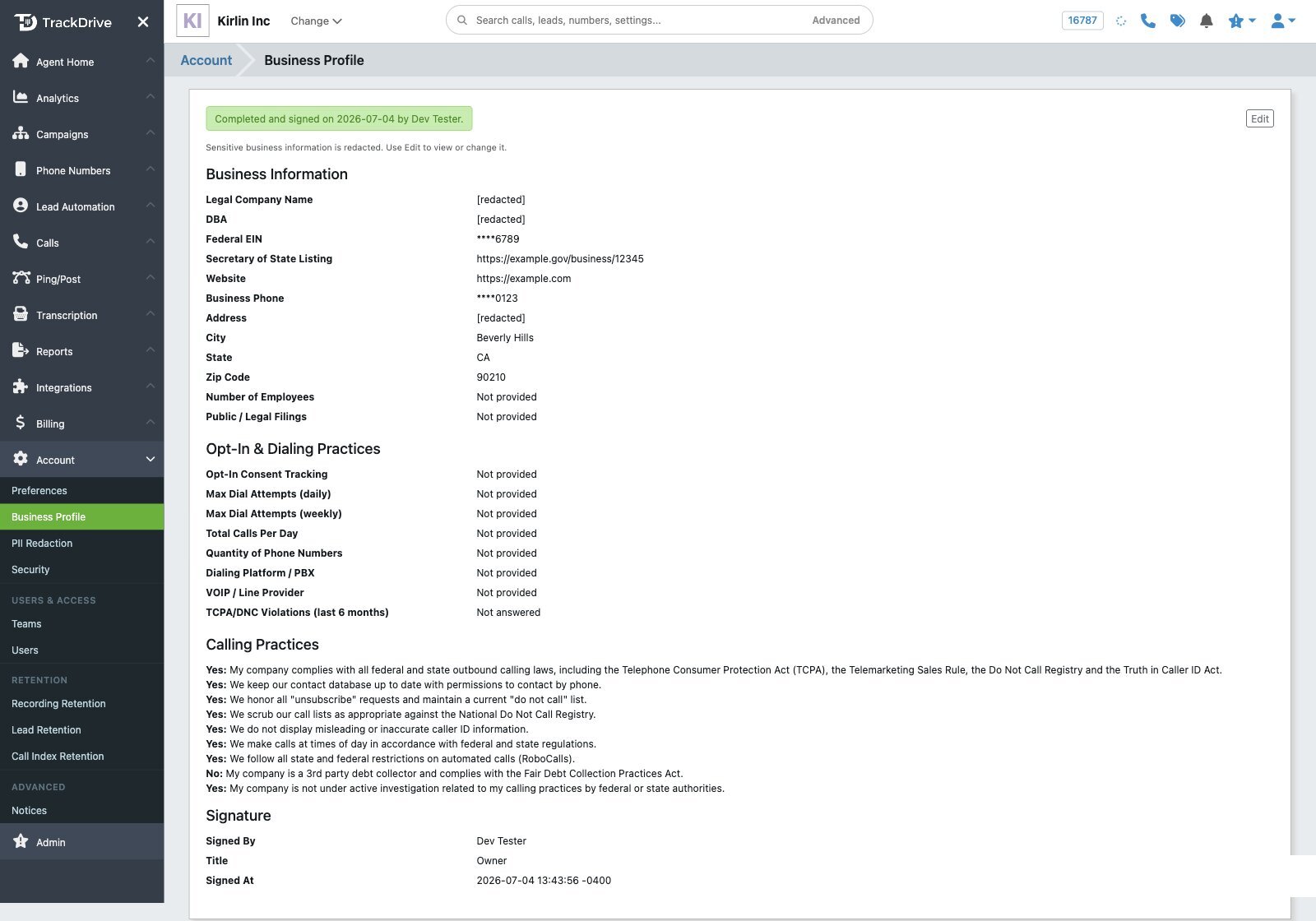 Completed KYB Business Compliance Profile with signed calling-practice attestations and redacted sensitive fields
